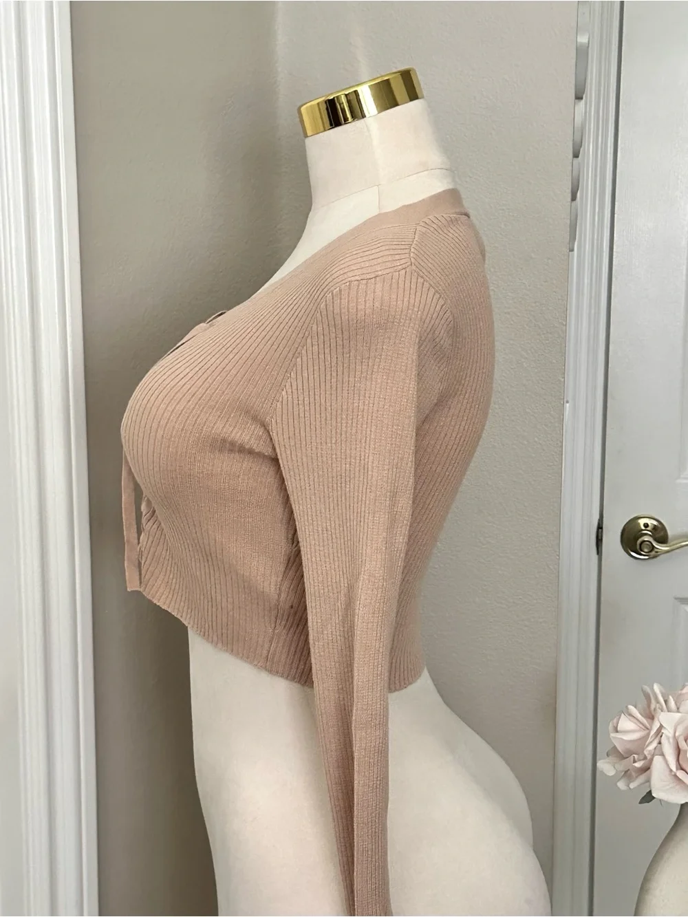 H&M Tan Beige Ribbed Lace-Up Cropped Knit Sweater Top w/ Long Sleeves Sz S